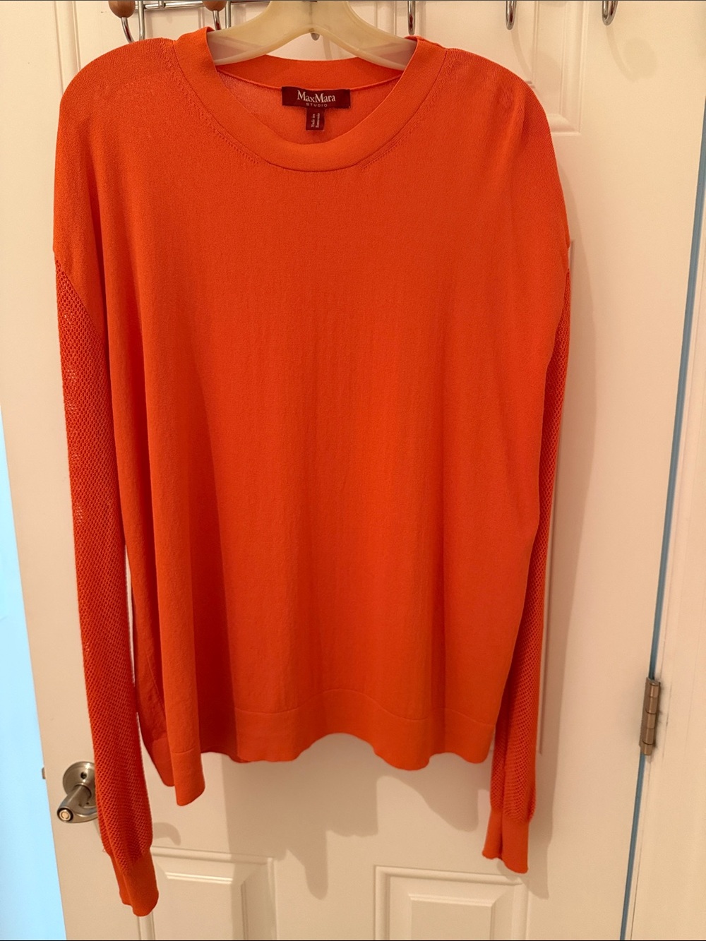 MaxMara Studio Crewneck Knit Sweater Vivid Orange Pointelle Mesh Sleeve - Medium